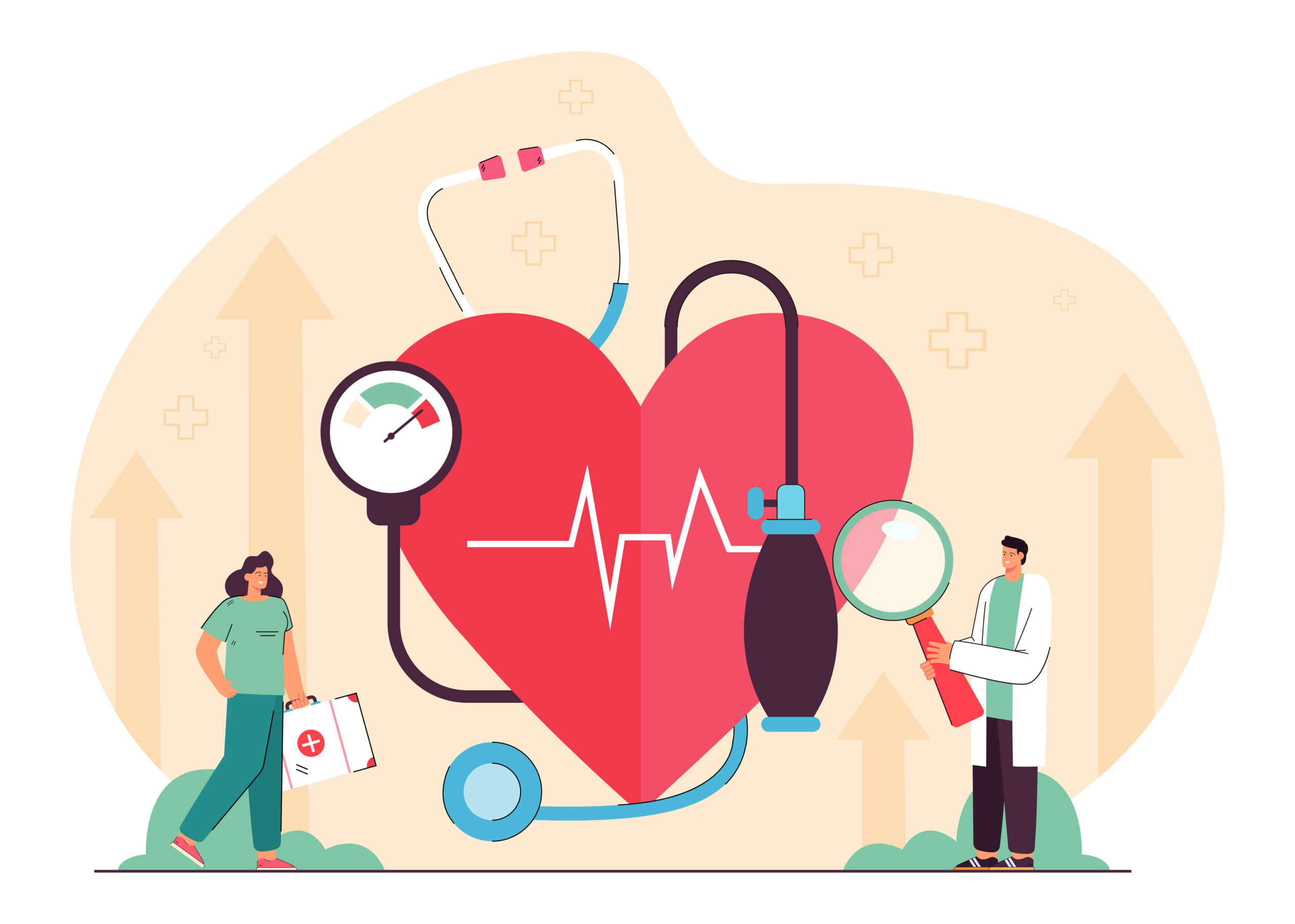 Tiny cardiology doctor and nurse examining heart, blood pressure